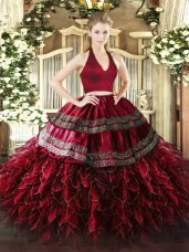 Two Pieces Sweet 16 Dress Wine Red Halter Top Organza Sleeveless Floor Length Zipper