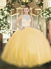 Fashionable Sleeveless Floor Length Lace Zipper Quince Ball Gowns with Gold