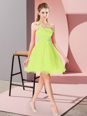 Adorable Beading and Hand Made Flower Prom Evening Gown Yellow Green Zipper Sleeveless Mini Length
