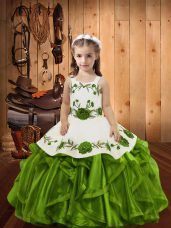 Adorable Olive Green Lace Up Straps Embroidery and Ruffles Little Girls Pageant Dress Organza Sleeveless