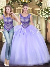 Dramatic Lavender Tulle Lace Up Vestidos de Quinceanera Sleeveless Floor Length Beading and Ruffles