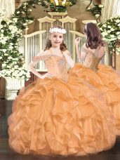 Perfect Orange Ball Gowns Beading and Ruffles Girls Pageant Dresses Lace Up Organza Sleeveless Floor Length
