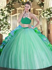 Multi-color Ball Gowns Beading and Ruffles Quince Ball Gowns Backless Tulle Sleeveless Floor Length