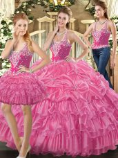 Stunning Floor Length Hot Pink Quince Ball Gowns Tulle Sleeveless Beading and Ruffles and Pick Ups