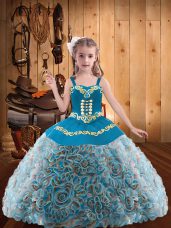 Hot Sale Multi-color Straps Neckline Embroidery and Ruffles Little Girl Pageant Gowns Sleeveless Lace Up