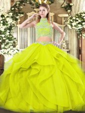 Charming Yellow Green Backless High-neck Beading and Ruffles Vestidos de Quinceanera Tulle Sleeveless