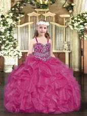 Low Price Fuchsia Lace Up Straps Beading and Ruffles Pageant Dresses Organza Sleeveless