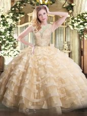 Sophisticated Champagne Sleeveless Organza Backless Sweet 16 Dresses for Military Ball and Sweet 16 and Quinceanera
