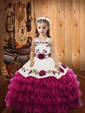 Gorgeous Fuchsia Sleeveless Floor Length Embroidery and Ruffled Layers Lace Up Pageant Dress Womens