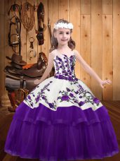 Embroidery Evening Gowns Purple Lace Up Sleeveless Floor Length