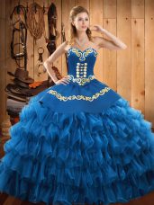 Shining Blue Ball Gown Prom Dress Military Ball and Sweet 16 and Quinceanera with Embroidery and Ruffled Layers Sweetheart Sleeveless Lace Up