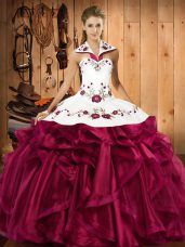 Halter Top Sleeveless Lace Up Quinceanera Gown Fuchsia Satin and Organza