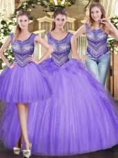 Sexy Floor Length Lavender Quinceanera Dress Tulle Sleeveless Beading and Ruffles
