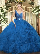 Excellent Sleeveless Fabric With Rolling Flowers Floor Length Backless Sweet 16 Dress in Blue with Beading and Ruching