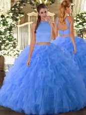 Baby Blue Two Pieces Halter Top Sleeveless Tulle Floor Length Backless Beading and Ruffles Ball Gown Prom Dress