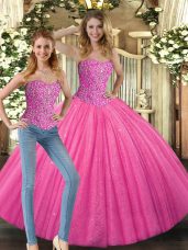 Glittering Floor Length Hot Pink Quinceanera Dress Sweetheart Sleeveless Lace Up
