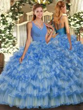 Ball Gowns Quinceanera Dress Blue V-neck Organza Sleeveless Floor Length Backless