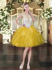 High Quality Gold Ball Gowns Tulle Scoop Sleeveless Beading and Ruffles Mini Length Zipper Prom Dresses