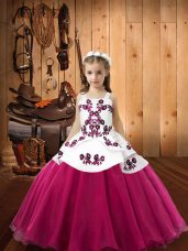 Glorious Fuchsia Custom Made Pageant Dress Sweet 16 and Quinceanera with Embroidery Straps Sleeveless Lace Up