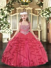 Floor Length Coral Red Kids Formal Wear Tulle Sleeveless Beading and Ruffles