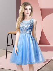 Exceptional Knee Length A-line Sleeveless Baby Blue Prom Party Dress Zipper
