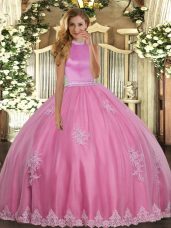 Glorious Rose Pink Sleeveless Beading and Appliques Floor Length 15 Quinceanera Dress
