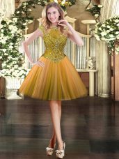 Hot Selling Orange Tulle Zipper Dress for Prom Cap Sleeves Mini Length Beading