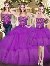 Eggplant Purple Strapless Lace Up Beading and Ruffled Layers Sweet 16 Quinceanera Dress Sleeveless