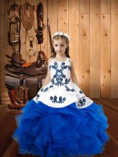 Superior Floor Length Lace Up Pageant Dress for Teens Blue for Party and Quinceanera and Wedding Party with Embroidery and Ruffles