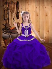 Organza Straps Sleeveless Lace Up Embroidery and Ruffles Little Girls Pageant Dress in Eggplant Purple