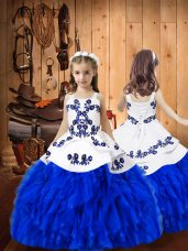 Royal Blue Lace Up Straps Embroidery and Ruffles Womens Party Dresses Organza Sleeveless