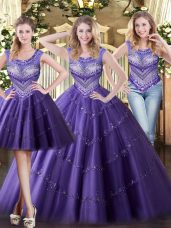 Sweet Purple Sleeveless Tulle Lace Up Quinceanera Gowns for Military Ball and Sweet 16 and Quinceanera