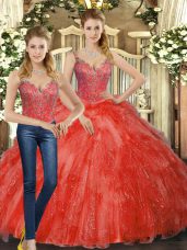 Spectacular Organza Straps Sleeveless Lace Up Beading and Ruffles Quinceanera Dress in Red
