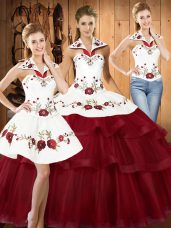 Deluxe Wine Red Lace Up Sweet 16 Quinceanera Dress Embroidery and Ruffled Layers Sleeveless With Train Sweep Train