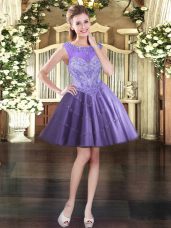 Best Lavender Sleeveless Tulle Lace Up Prom Gown for Prom and Party
