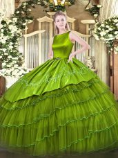 Exceptional Olive Green Lace Up Quinceanera Gowns Embroidery and Ruffled Layers Sleeveless Floor Length