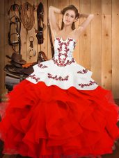 Superior Embroidery and Ruffles Quinceanera Dresses White And Red Lace Up Sleeveless Floor Length
