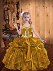 Gold Sleeveless Floor Length Embroidery and Ruffles Lace Up Custom Made Pageant Dress