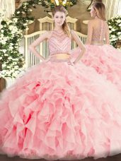 Flirting Scoop Sleeveless Tulle Quince Ball Gowns Beading and Ruffles Zipper
