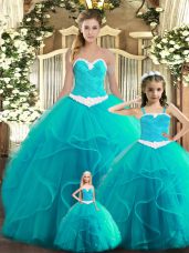 Top Selling Ruffles Ball Gown Prom Dress Aqua Blue Lace Up Sleeveless Floor Length