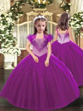 Fuchsia Tulle Lace Up Little Girls Pageant Gowns Sleeveless Floor Length Beading