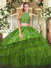 Fitting Olive Green High-neck Zipper Beading and Embroidery and Ruffled Layers Quince Ball Gowns Sleeveless