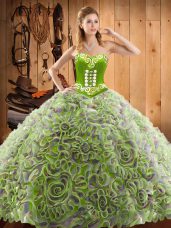 Comfortable Sweetheart Sleeveless Quince Ball Gowns With Train Sweep Train Embroidery Multi-color Satin and Fabric With Rolling Flowers