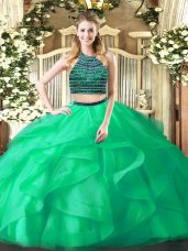 New Arrival Turquoise Organza Zipper Halter Top Sleeveless Floor Length 15th Birthday Dress Beading and Ruffles
