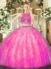 Fashion Fuchsia Two Pieces Tulle Scoop Sleeveless Beading and Ruffles Floor Length Zipper 15 Quinceanera Dress