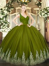 Olive Green Ball Gowns V-neck Sleeveless Tulle Floor Length Backless Beading and Lace and Appliques Quinceanera Gowns