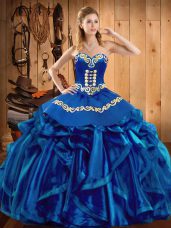 Floor Length Lace Up Sweet 16 Dress Blue for Military Ball and Sweet 16 and Quinceanera with Embroidery and Ruffles