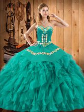 High Quality Turquoise Lace Up Sweet 16 Quinceanera Dress Embroidery and Ruffles Sleeveless Floor Length