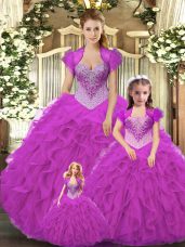 Luxurious Fuchsia Straps Neckline Beading and Ruffles Ball Gown Prom Dress Sleeveless Lace Up