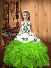 Hot Selling Straps Sleeveless Little Girl Pageant Dress Floor Length Embroidery and Ruffles Organza